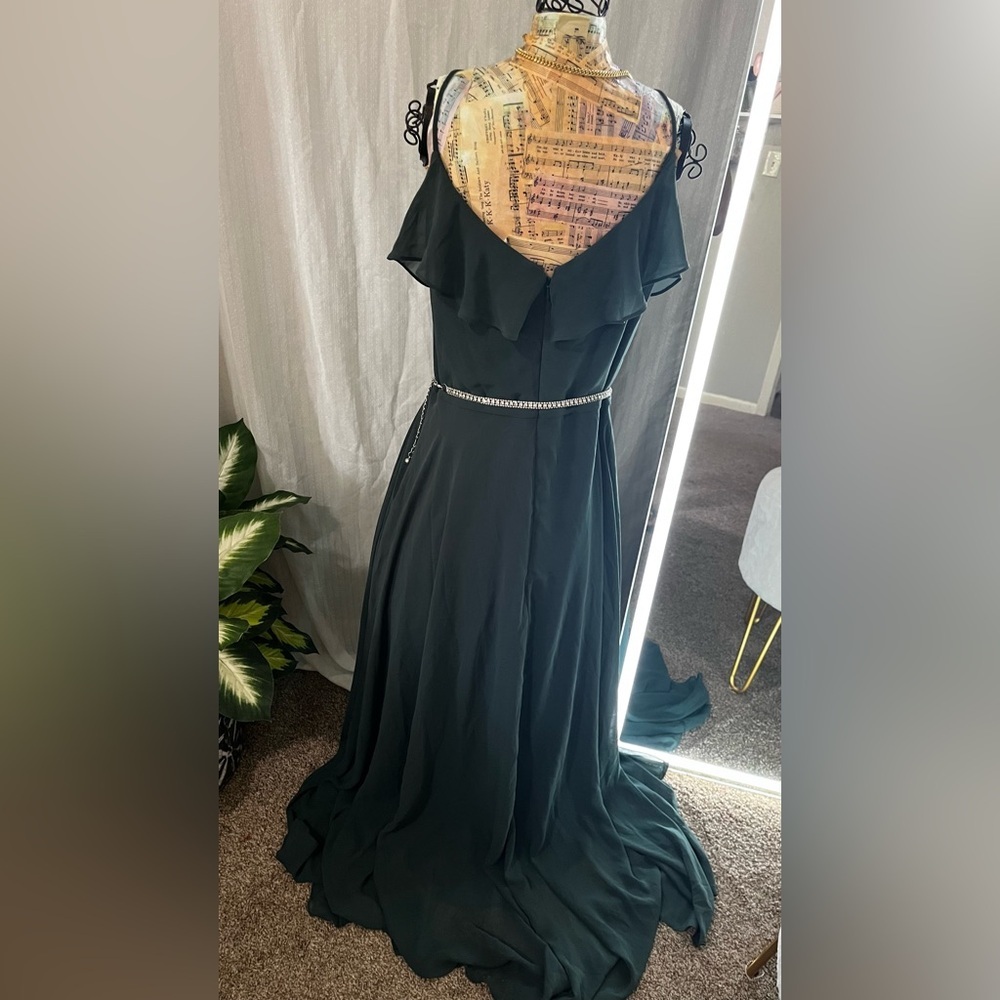 Bill Levkoff Green Ruffled Tiered Prom Gown - Picture 2 of 8